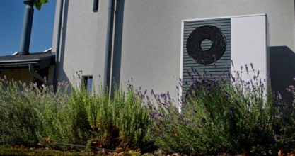 An,Outdoor,Heat,Pump,Unit,Is,Mounted,On,The,Wall